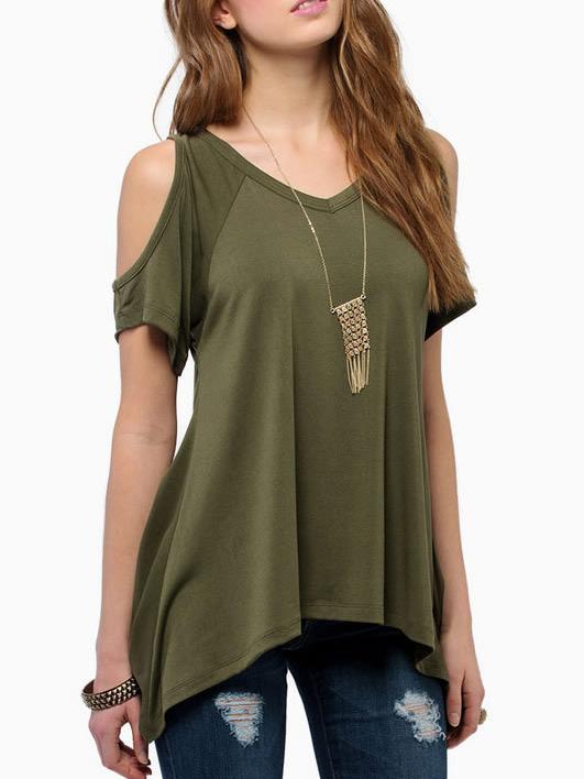 Shein Green Open Shoulder Asymmetrical Hem T-shirt