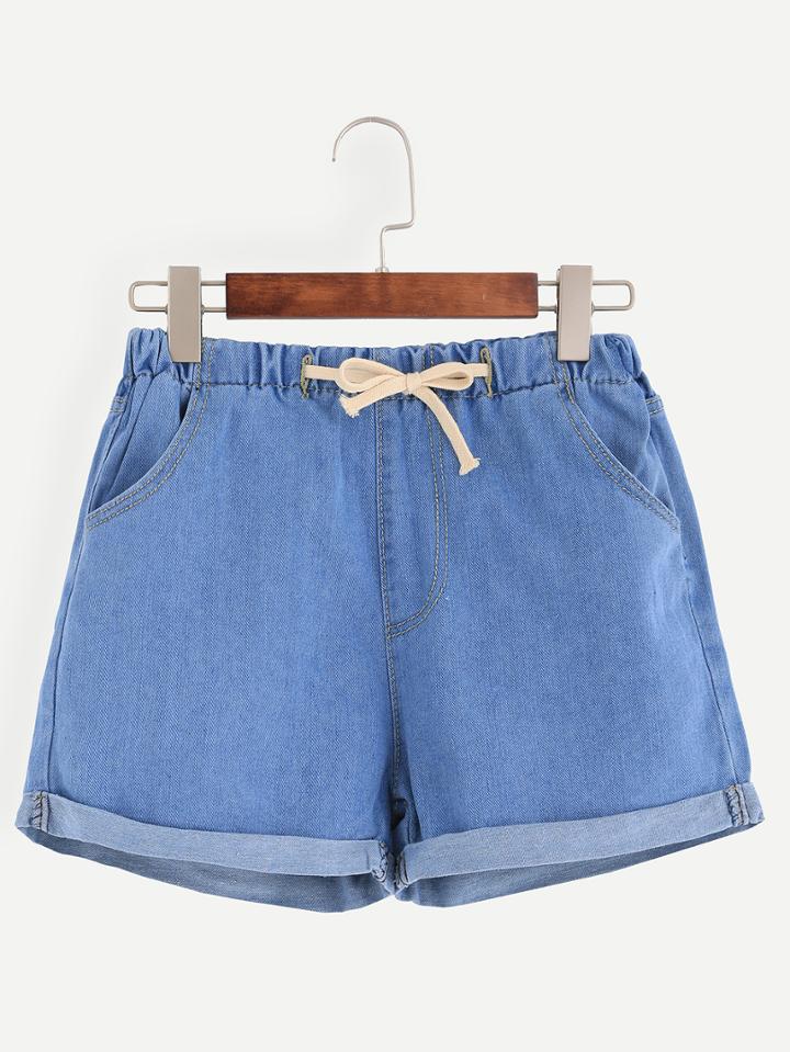 Shein Blue Roll Hem Drawstring Denim Shorts
