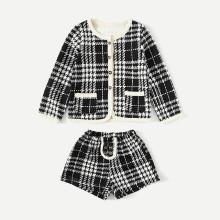 Shein Girls Contrast Trim Wales Check Coat With Shorts