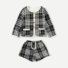Shein Girls Contrast Trim Wales Check Coat With Shorts
