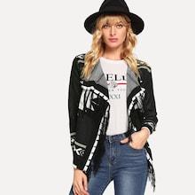 Shein Fringe Detail Geometric Print Sweater