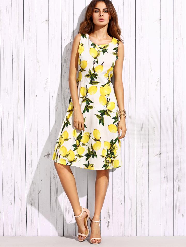 Shein White Lemon Print Tie Back A Line Dress