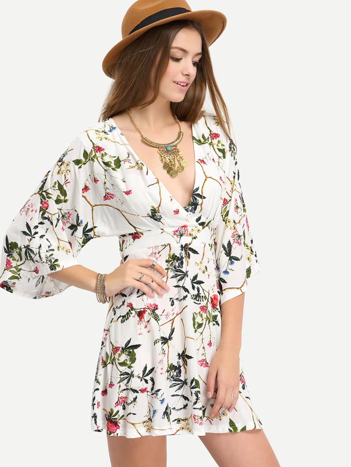 Shein Surplice Neckline Botanical Print Cut V Back Dress