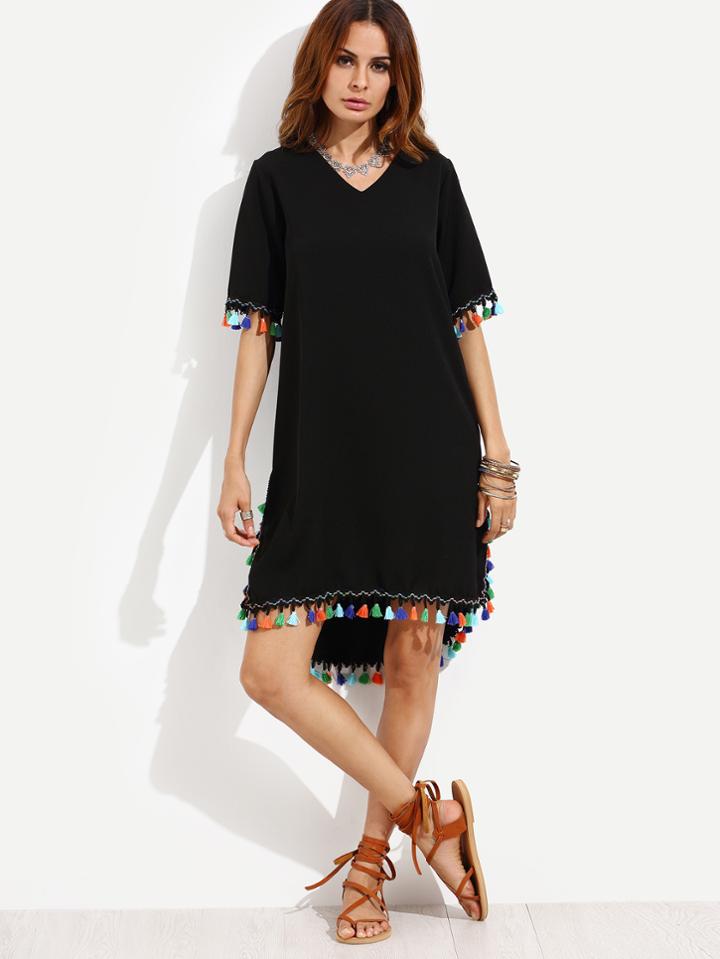 Shein Black Dip Hem Dress With Colorful Tassel Trim