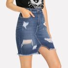 Shein Ripped Detail Slit Raw Hem Denim Skirt