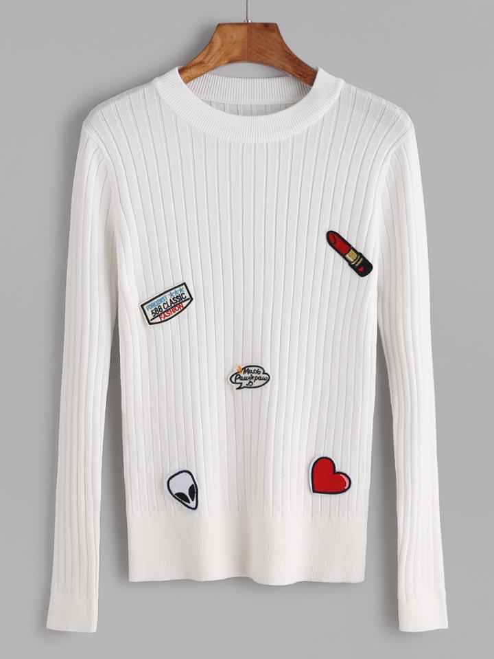 Shein White Ribbed Knit Sweater With Patch Detail