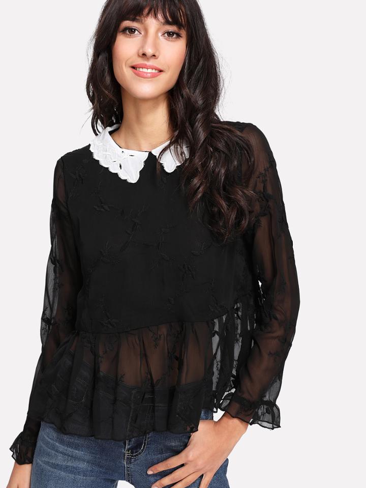 Shein Contrast Eyelet Embroidered Collar Ruff Hem Blouse