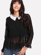 Shein Contrast Eyelet Embroidered Collar Ruff Hem Blouse