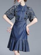 Shein Contrast Lace Sleeve Denim Frill Dress
