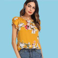 Shein Pleated Neck Petal Sleeve Floral Top