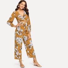 Shein Floral Print Knot Front Top With Pants