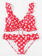 Shein Gingham Self Tie Ruffle Detail Bikini Set