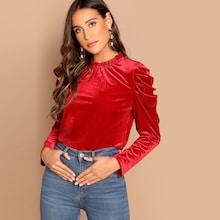 Shein Frilled Neck Puff Sleeve Velvet Top