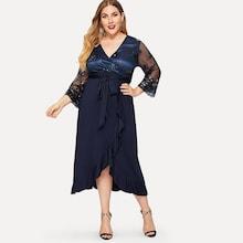 Shein Plus Mesh Sleeve Overlap Ruffle Trim Dress