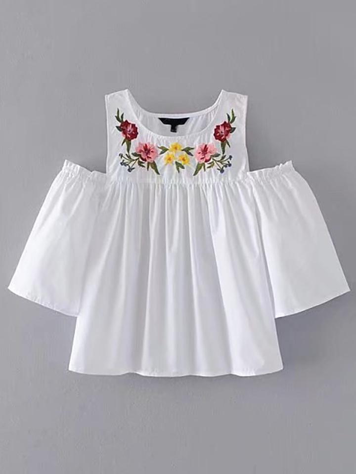 Shein Open Shoulder Flower Embroidery Top