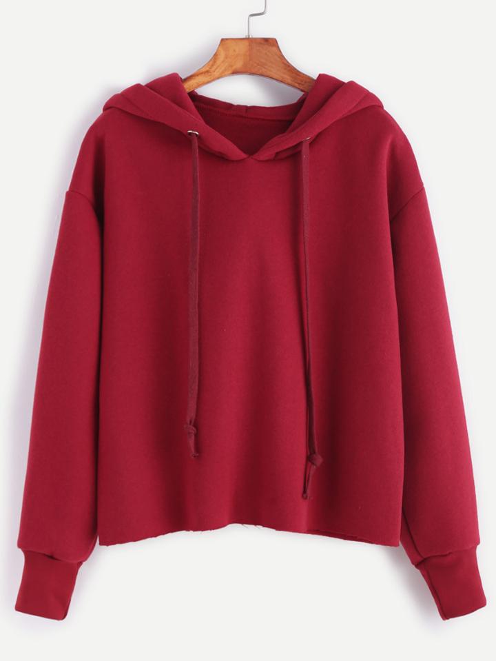 Shein Burgundy Drawstring Hooded Raw Hem Sweatshirt