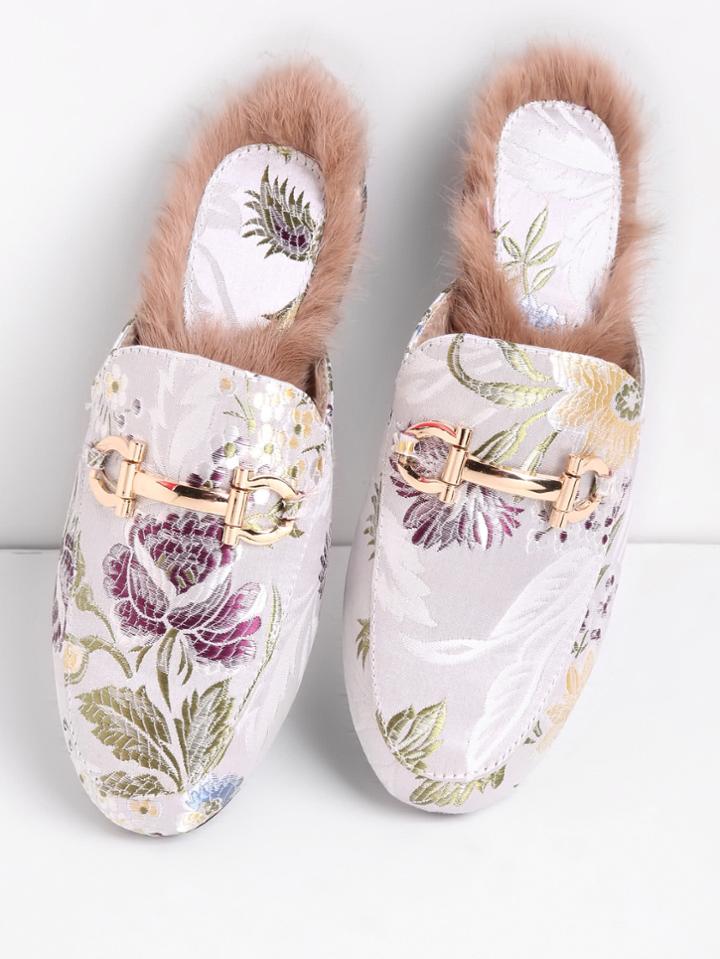 Shein Faux Fur Detail Satin Flat Loafer Slippers