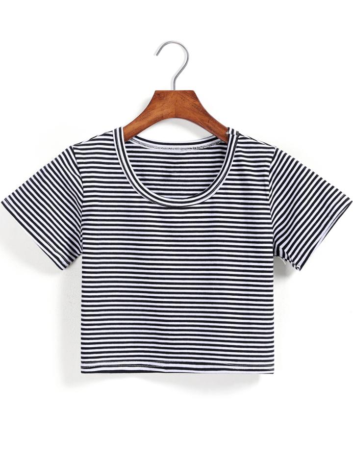 Shein Black White Short Sleeve Striped Crop T-shirt
