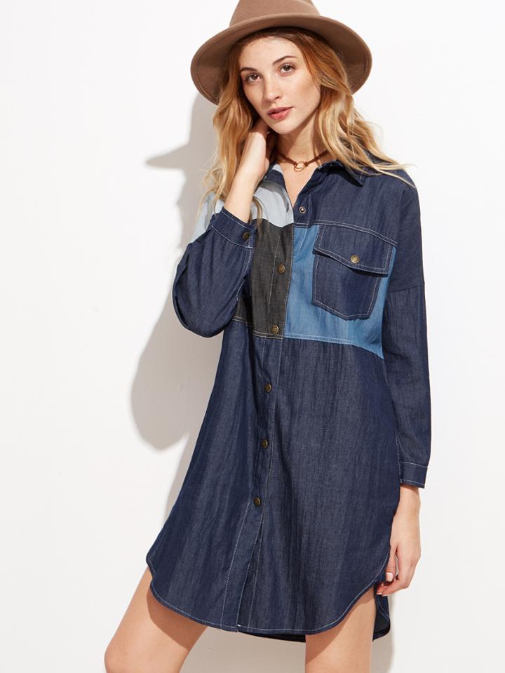 Shein Blue Patchwork Drop Shoulder Pockets Slit Shirt Dress