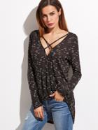 Shein Black Printed Crisscross Neck Surplice Front High Low T-shirt