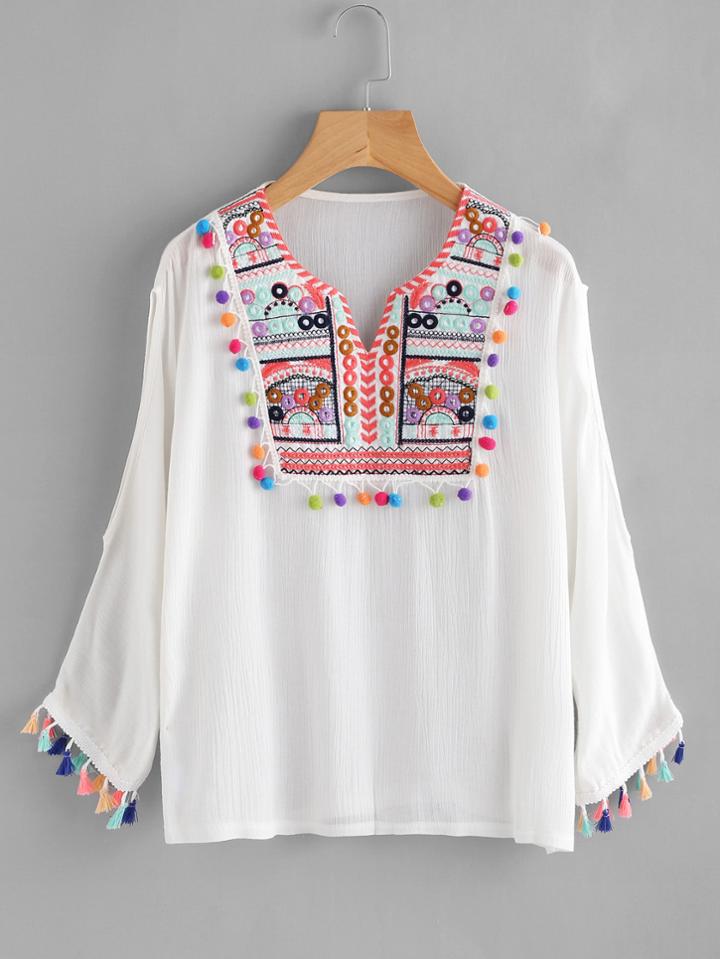 Shein Tassel Pom Pom Trim Slit Sleeve Embroidery Blouse
