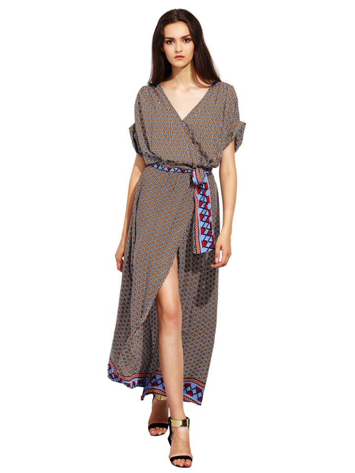 Shein Geometric Print Warp Full Length Dress With Tie Waist