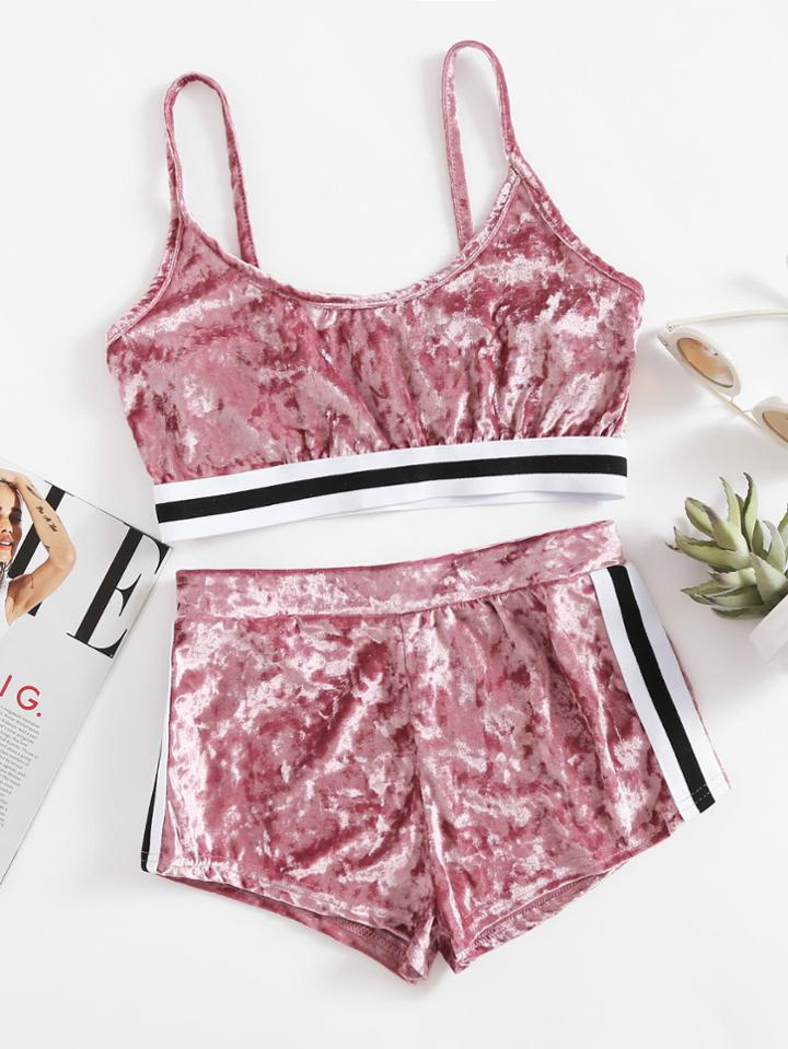 Shein Velvet Stripe Trim Crop Cami Top With Shorts