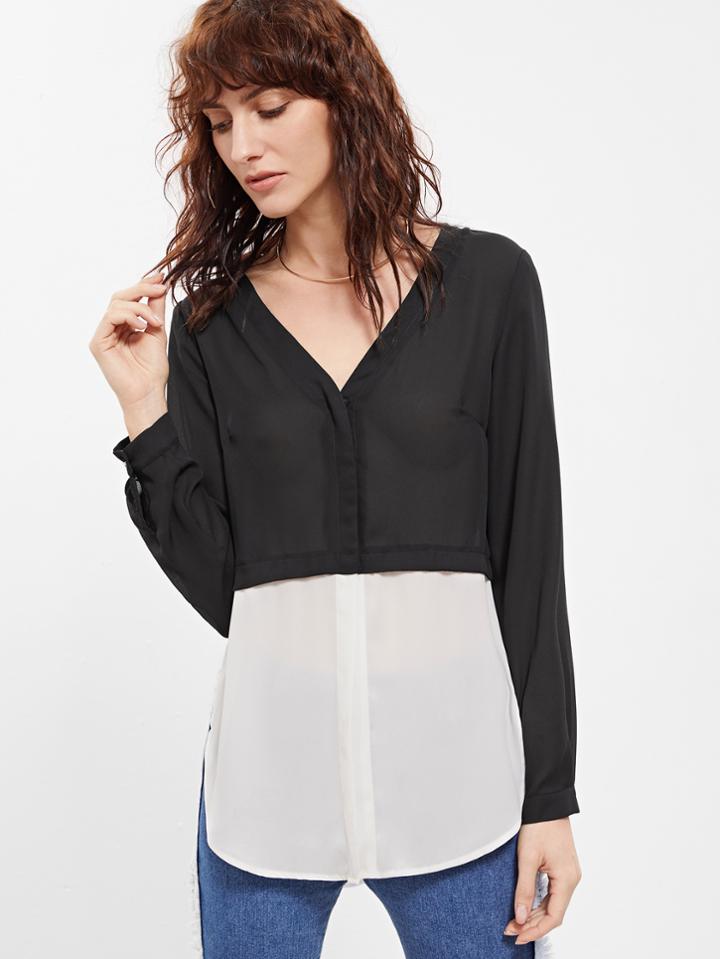 Shein White Black Long Sleeve V Neck Color Block Blouse