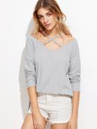 Shein Heather Grey Ribbed Crisscross Cold Shoulder T-shirt