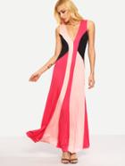 Shein Double V-neck Color Block Long Dress - Pink