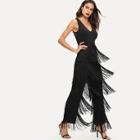 Shein Sheer Lace Panel Tiered Fringe Detail Jumpsuit