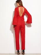 Shein Red Bell Cuff Tied Open Back Jumpsuit