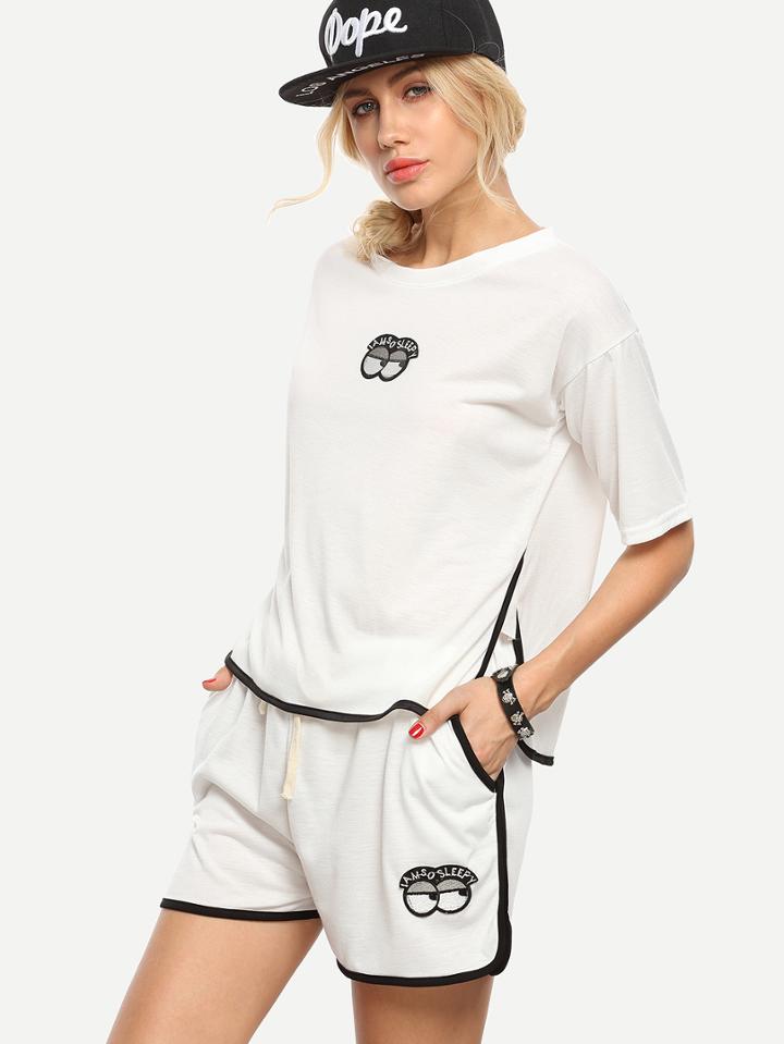 Shein Contrast Trim Eye Embroidered T-shirt With Shorts - White