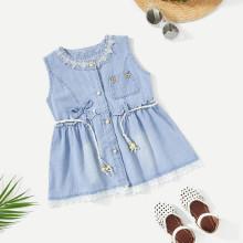 Shein Girls Contrast Lace Frill Trim Denim Dress
