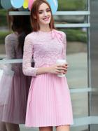 Shein Pink Round Neck Length Sleeve Accordion Pleats Lace Dress