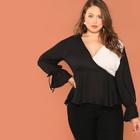 Shein Plus Two Tone Flounce Sleeve Wrap Top