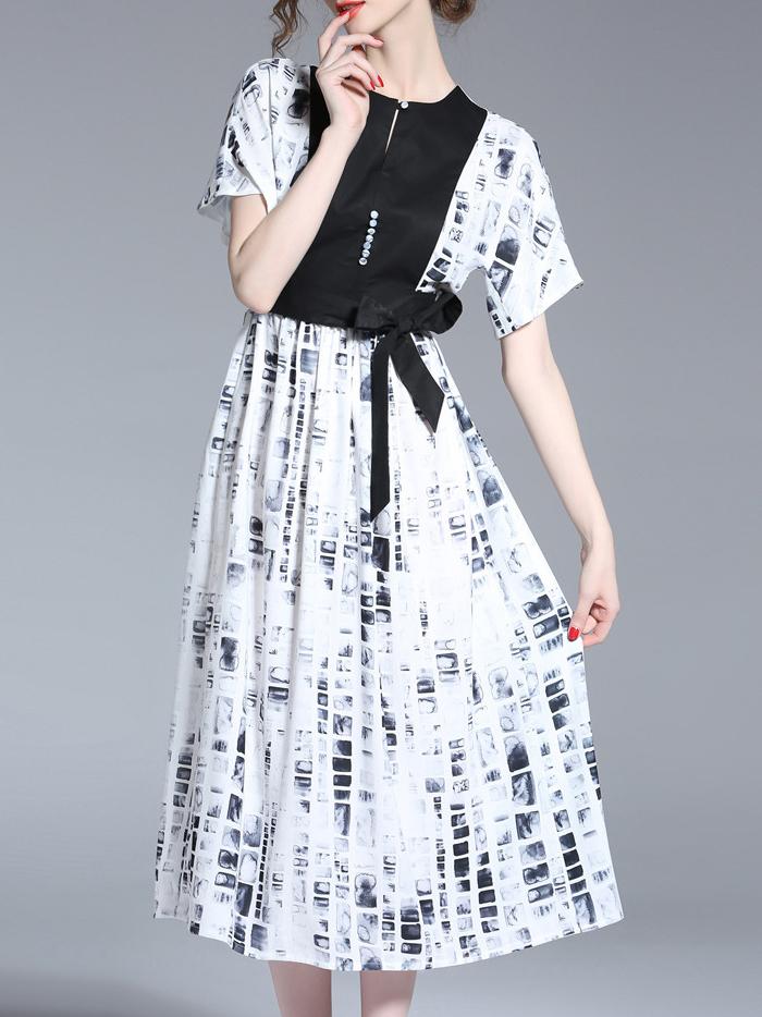 Shein Beading Tie-waist Print Dress