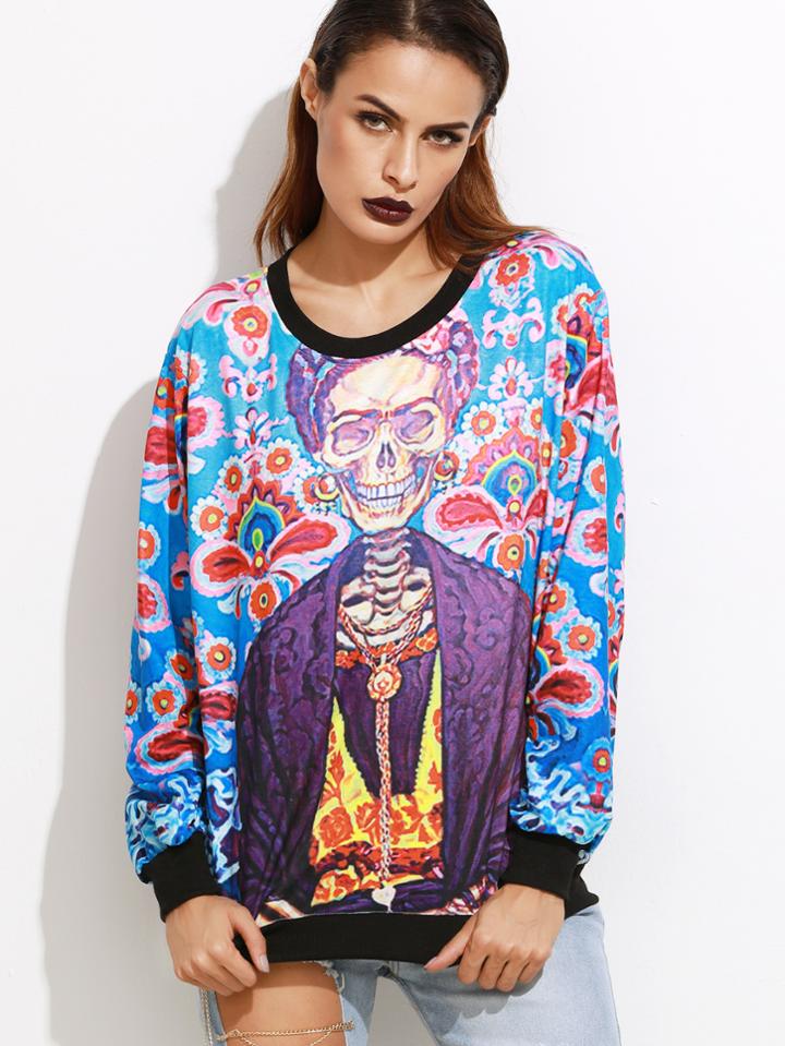 Shein Multicolor Skull Print Elastic Cuff Sweatshirt
