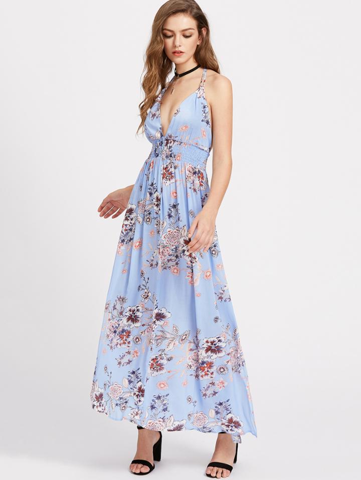 Shein Plunging V-neckline Elastic Waist Open Back Dress