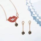 Shein Lip & Flower Detail Pendant Necklace 1pc & Earrings 1pair