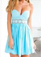 Rosewe Strapless Lace Splicing Blue A Line Dress