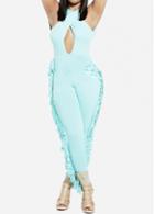 Rosewe Keyhole Neckline Tassel Decorated Light Blue Jumpsuit