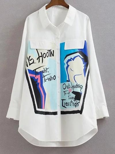 Shein White Lapel Graffiti Print Loose Blouse