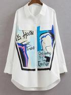 Shein White Lapel Graffiti Print Loose Blouse