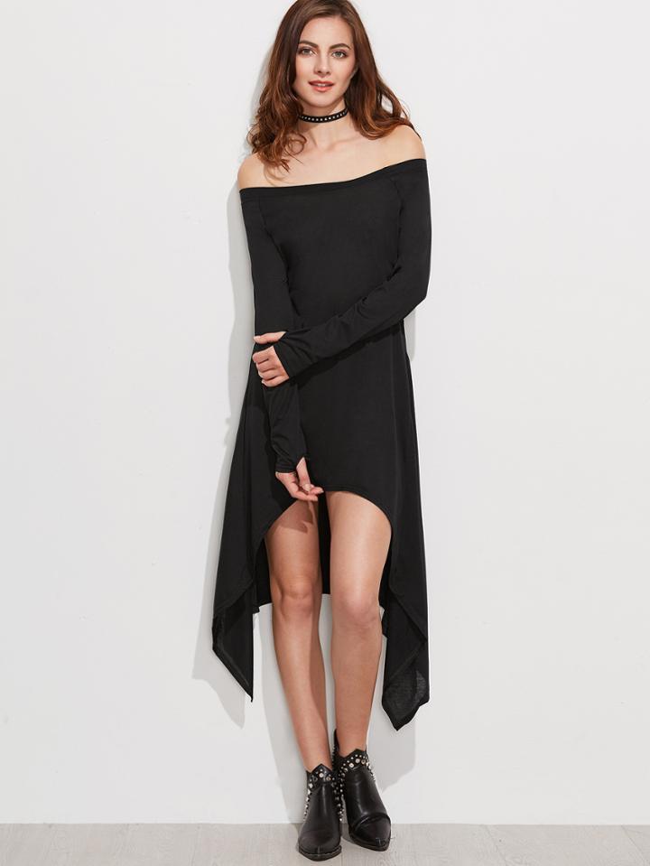 Shein Black Off The Shoulder Asymmetric Dress With Thumb Holes