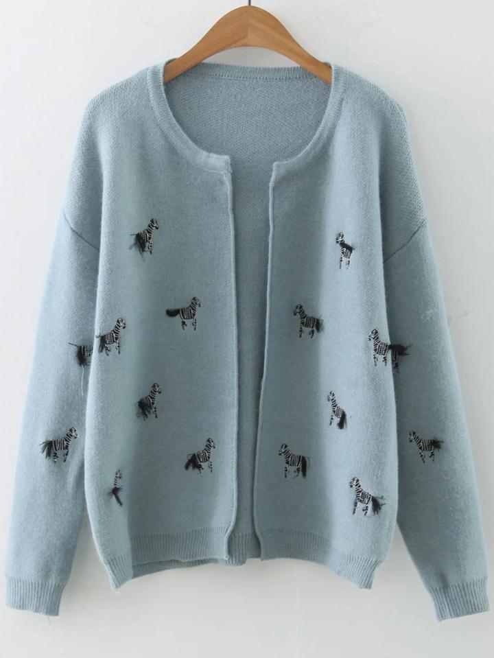 Shein Blue Horse Embroidery Drop Shoulder Cardigan