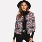 Shein Embroidered Tape Detail Geo Print Coat