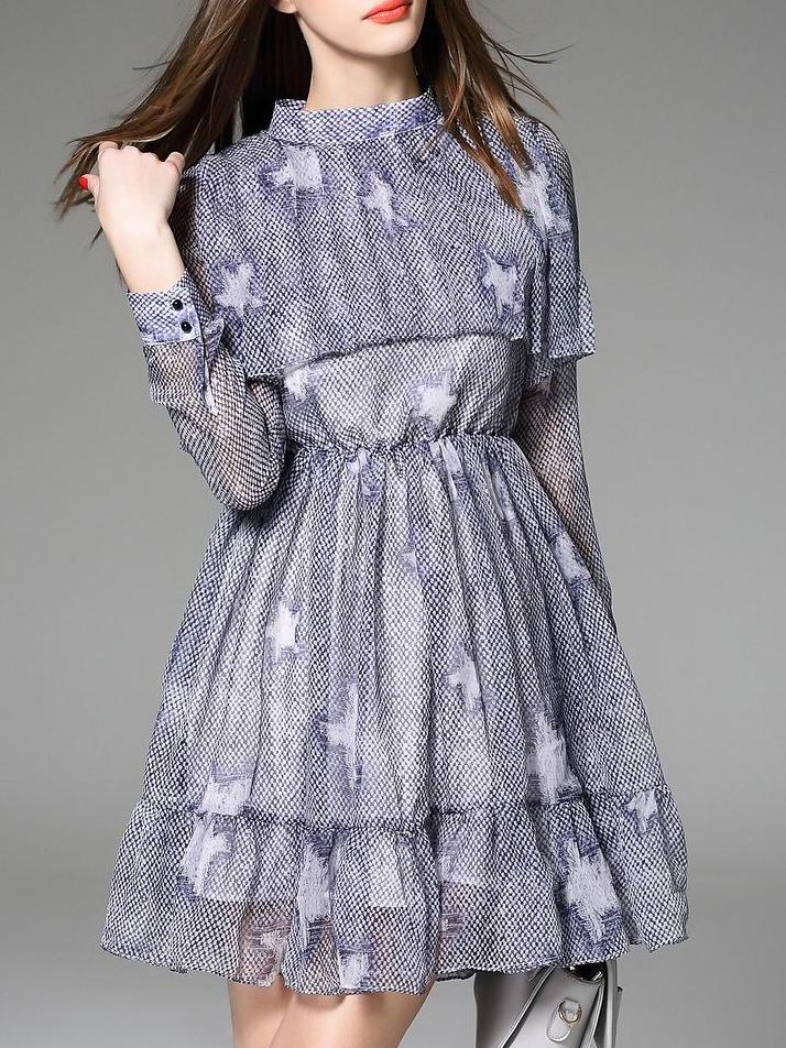 Shein Purple Ruffle Print A-line Dress