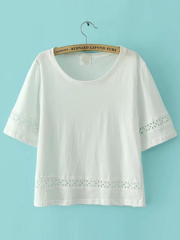 Shein White Round Neck Hollow Crop T-shirt