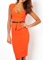 Rosewe Sparkly Orange Cap Sleeve Flouncing Decoration Knee Length Dress